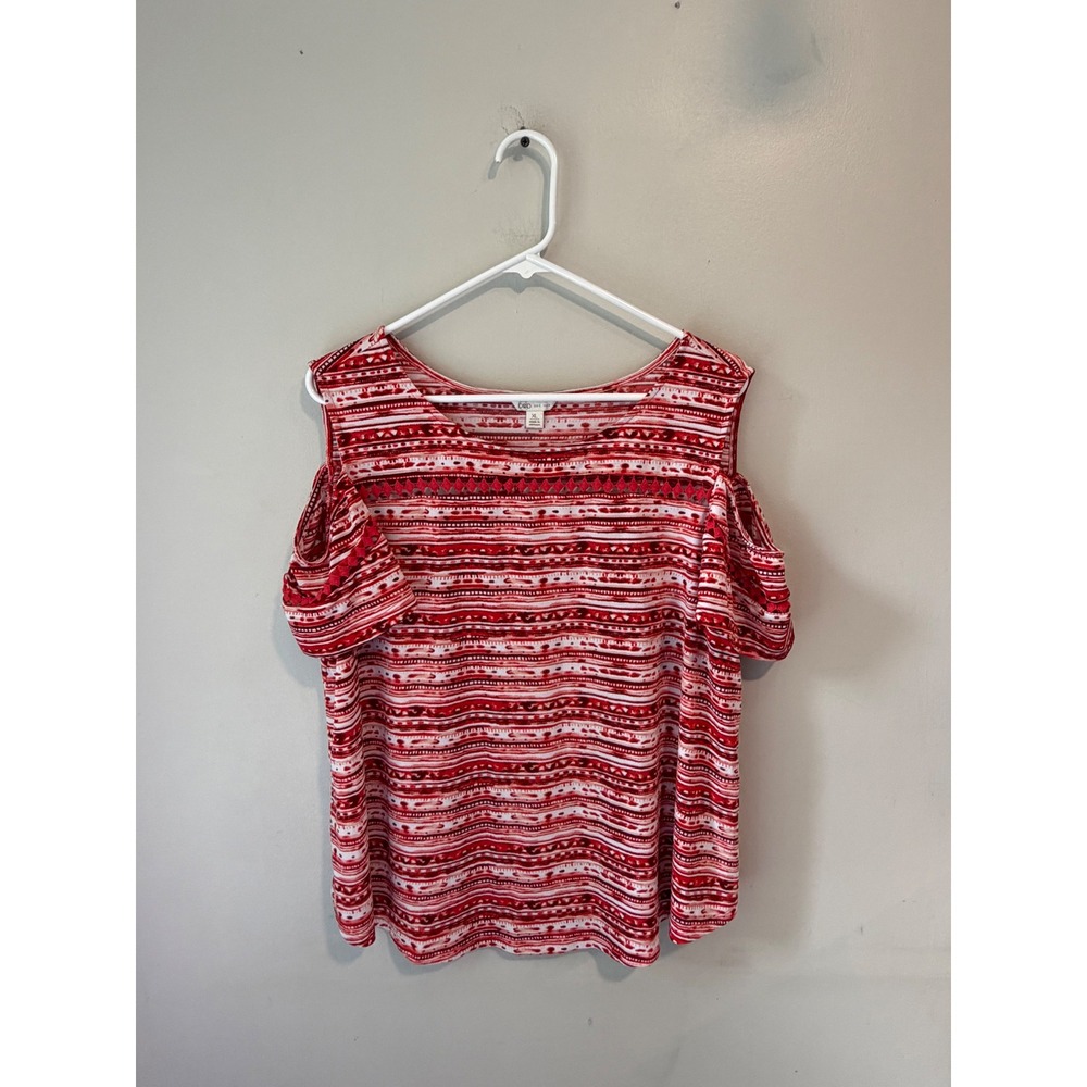 Cato Womens XL Cold Shoulder Top Red White Tribal‎ Stripe Crochet Lace Blouse